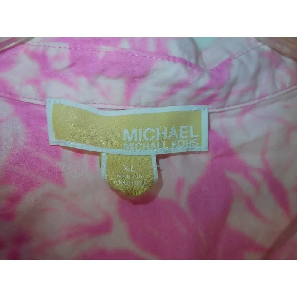Michael Kors XL‎ Cropped Shirt Top Women Tie Dye Floral Print Pink Barbie